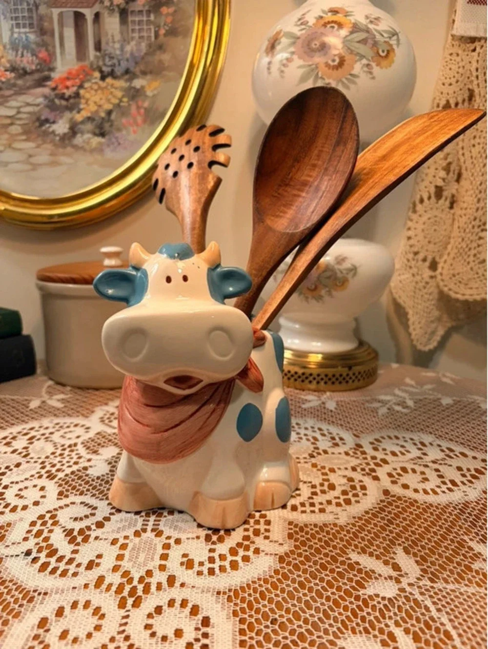 Cooks Tools Ceramic Cow Utensil Holder Blue Spotted Farmhouse Kitchen Decor